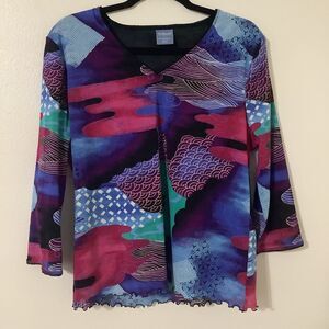 Vintage Y2K Multicolor Colorful Asian Inspired Print Abstract Artsy Mesh Top L